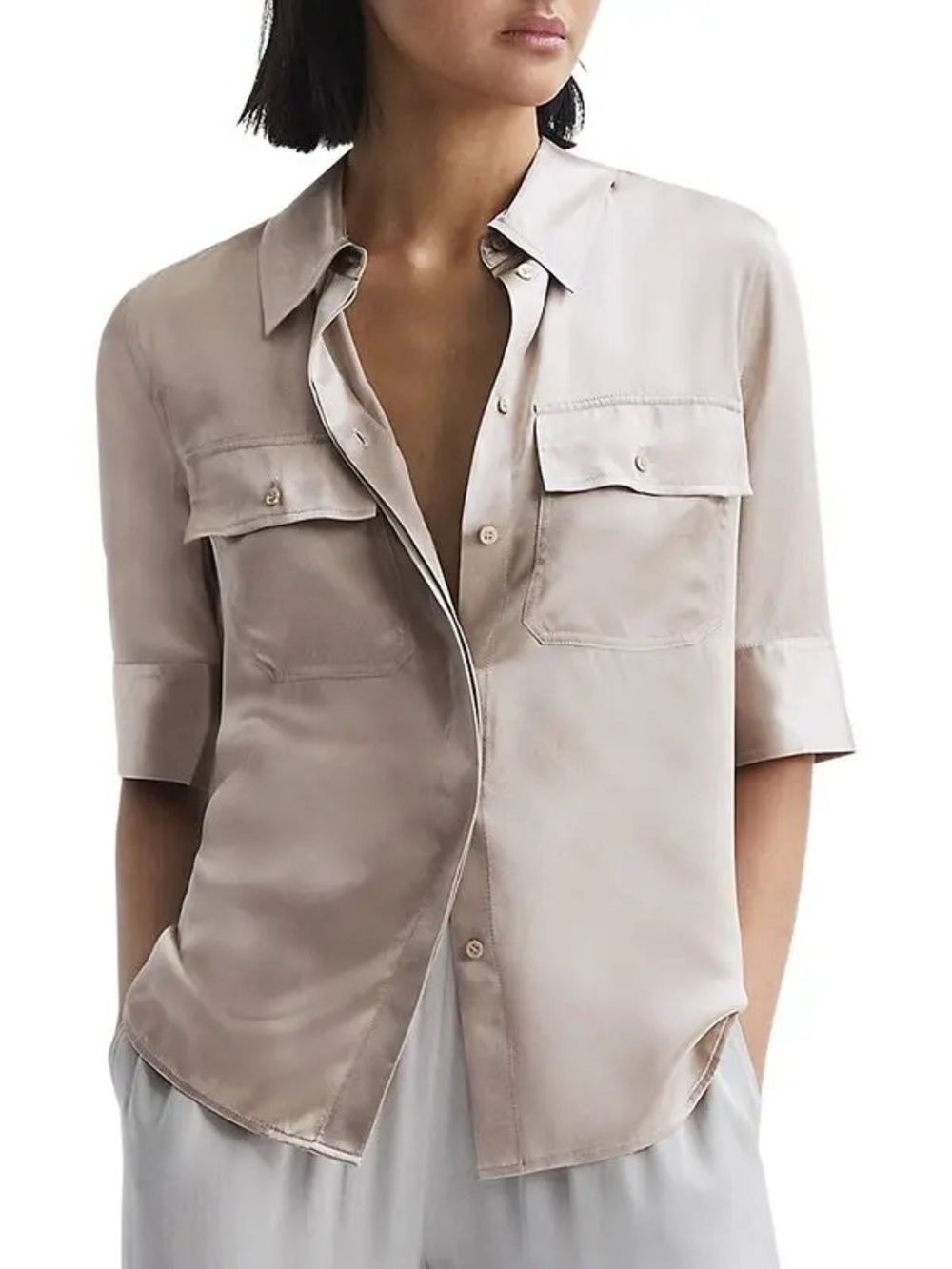 Reiss Champagne Aubrey Silk Short Sleeve Button Through Shirt Size 14